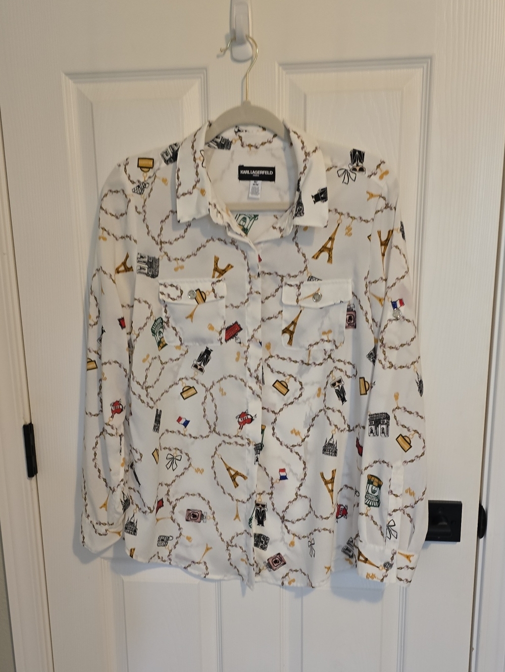 Karl Lagerfeld White Printed Button-Down Shirt with Travel Motifs
